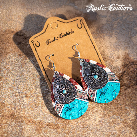 Rustic Couture's Navajo Brozen witn Nature Stone Wooden Teardrop Shape Dangling Earring - Cowgirl Wear