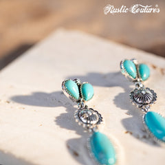 Rustic Couture's Silver Oval  Concho Nature Turquoise Dangling Earring - Cowgirl Wear