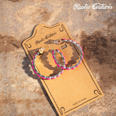 Rustic Couture's Silver Base Hot Pink Nature Stone Bead Hoop Earrings - Cowgirl Wear
