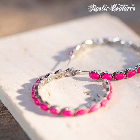 Rustic Couture's Silver Base Hot Pink Nature Stone Bead Hoop Earrings - Cowgirl Wear