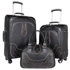 WRL-L1/2/3 Montana West Tooled Leather Collection 3 PC Luggage Set-Black