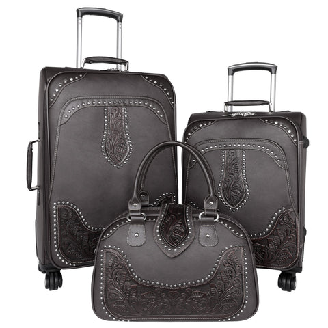 WRL-L1/2/3 Montana West Tooled Leather Collection 3 PC Luggage Set-Coffee