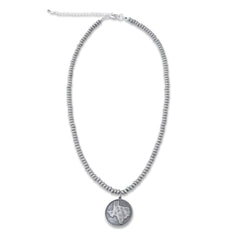 NKS220922-03S Silver Beads With Round Shape Texas Map Engraved Pendant Necklace
