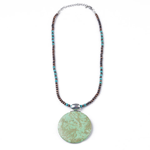 NKS221010-02 Western Beads with Green Natural Stone Pendant Necklace
