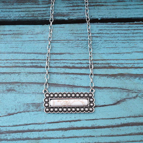 NKY220530-04  Western Rectangle Stone Pendant Silver Necklace 18"